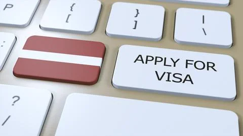 Latvia, Apply for Visa Concept. Button Push 3D Illustration. Visa Apply for 스톡 일러스트