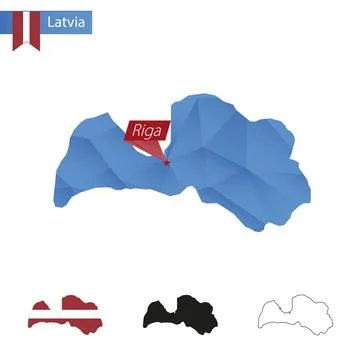 Latvia blue Low Poly map with capital Riga. Illustration