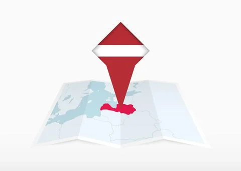 Latvia is depicted on a folded paper map and pinned location marker with fl.. Stock Illustration