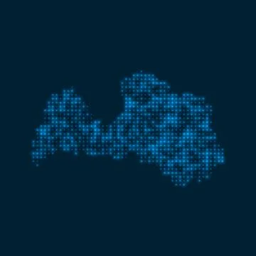 Latvia dotted glowing map. Shape of the country with blue bright bulbs. Vec.. Stockillustratie