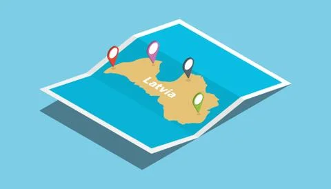 Latvia explore maps with isometric style and pin location tag on top Illustrazione stock