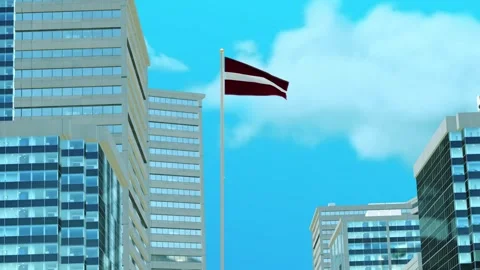 Latvia Flag 3D Render Animation with Urban Architecture and Clear Blue Sky Stock-Footage 333049720