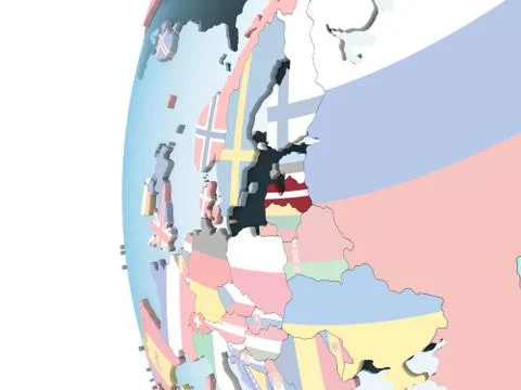 Latvia with flag on globe Stock Illustration