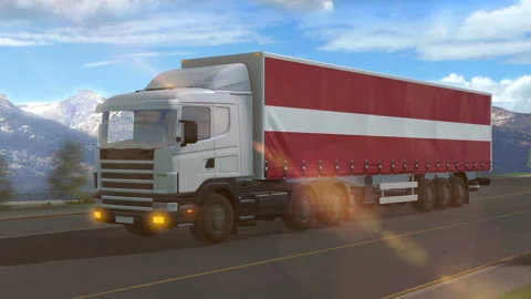 Latvia flag shown on the side of a large truck Stock Footage 122102127