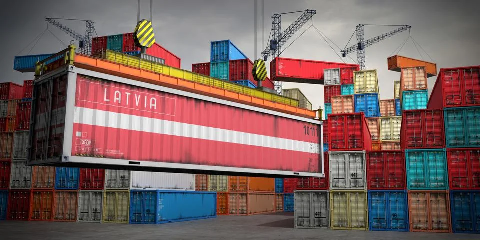 Latvia - freight container in cargo terminal - 3D illustration Stock Illustration