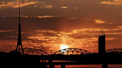 Latvia Landscape: Riga River Bridge Silhouette Stock Footage 240161690