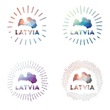 Latvia low poly sunburst set. Logo of country in geometric polygonal style... イラスト素材