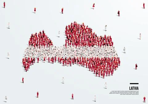 Latvia Map and Flag. A large group of people in the Latvia flag color . Illustrazione stock