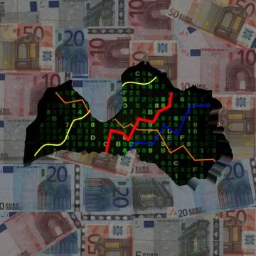 Latvia map with hex code and graphs on euros illustration Stock-Illustration