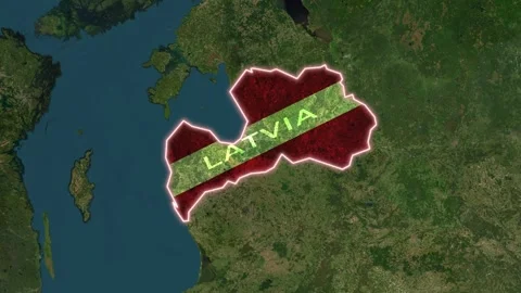 Latvia Map Highlight with Glowing Red Border and Waving Flag Stock Footage 341560867