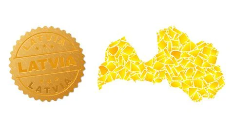 Latvia Map Mosaic of Gold Elements and Metallic Latvia Seal Stamp Stock Illustration