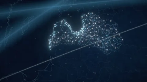 Latvia national map glowing data network from space seamless loop 動画素材 343380312