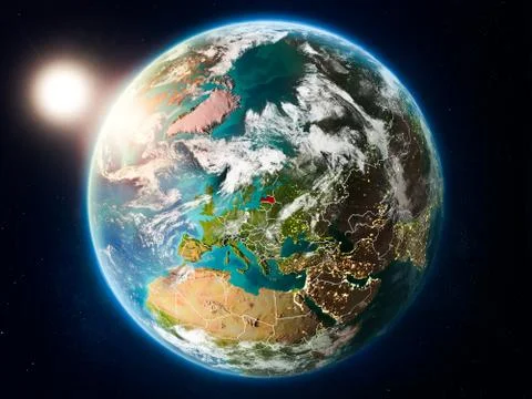 Latvia with sunset from space Stock Illustration