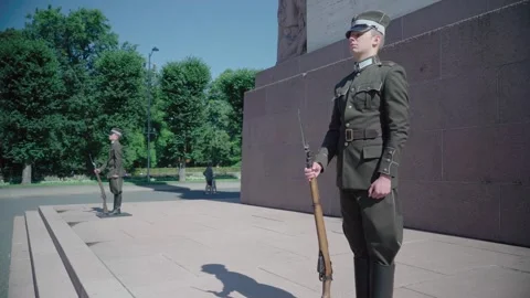 Latvian Honor Guards Standing Watch at Freedom Monument in Riga Stock Footage 343971768