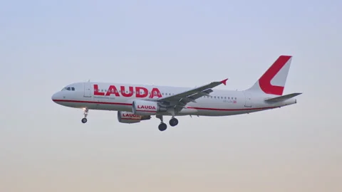 Lauda A320 Early Morning Arrival into Barcelona Landing at BCN Stock Footage 132083330