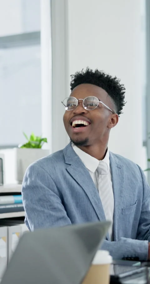 Laugh, black man and laptop in office for financial analyst, notification and Stock Footage 336786344