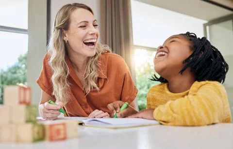 Laugh, child development and interracial family in a home learning in a living Stock Photos