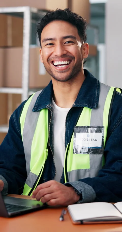Laugh, distribution and face of man in office for logistics, procurement or Stock Footage 343170759