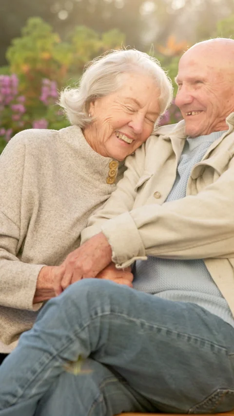 Laugh, holding hands or senior couple in nature with love, relationship support Stock Footage 340964164