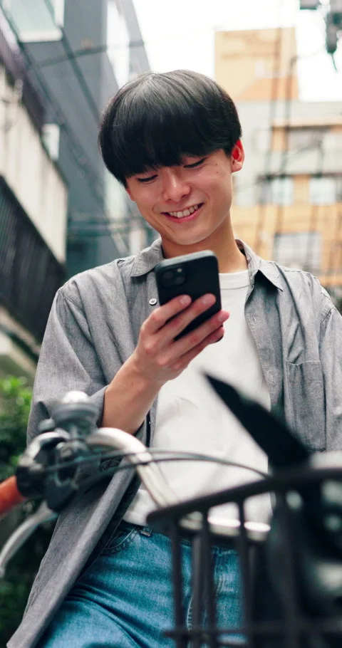 Laugh, text or university student in town with phone, online chat or comic post Stock Footage 341073980