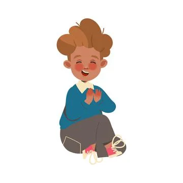 Laughing Boy First Grader Having Lesson Sitting and Clapping Hands Vector Stock Illustration