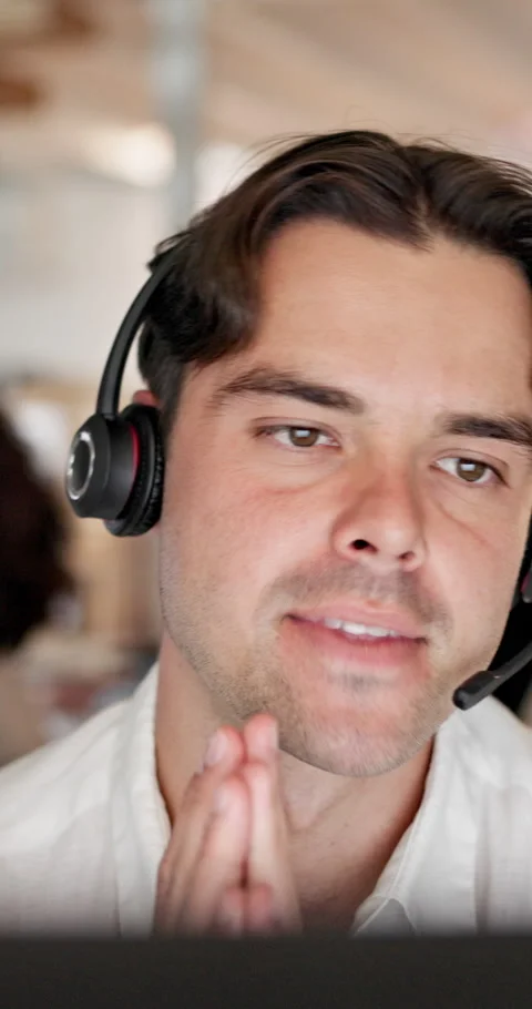 Laughing, computer or man with headset in call center, telemarketing or pitch Stock Footage 335809121