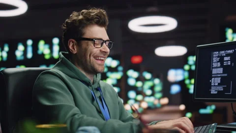 Laughing computer scientist working late datacenter closeup. Man typing keyboard Stock Footage 260244931