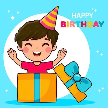 A laughing dark-haired boy sits in a gift box. Stock Illustration