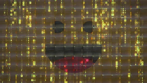 Laughing emoji and digital code behind glass tiles seamless loop 3D animation Stock Footage