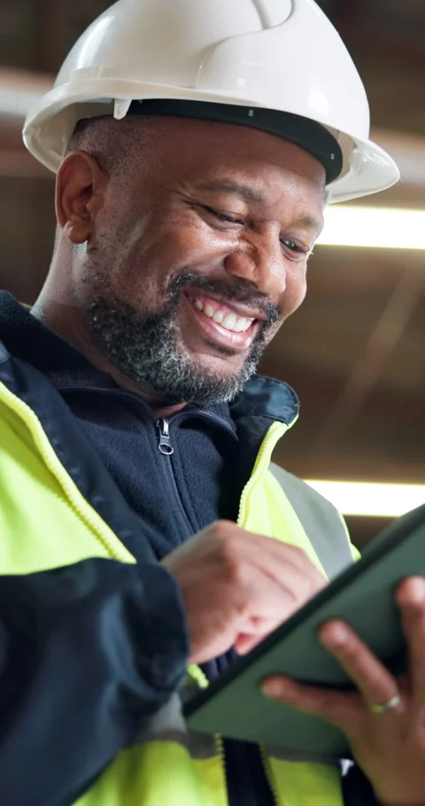 Laughing, engineer and man with tablet on construction site, online and Stock Footage 348193792