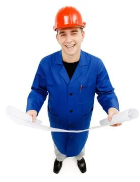 Laughing engineer holding project plans Stock Photos