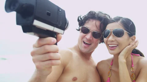 Laughing Ethnic Couple Beach Vacation Fun Close Up Video Selfie Stock Footage