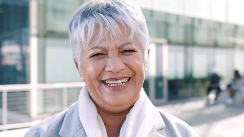 Laughing, face and professional with business woman in city for about us, Stock Footage 336671069