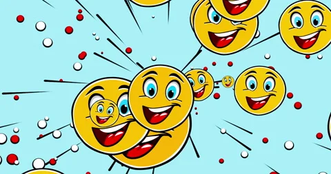 Laughing friendly emojis flying perspective, cartoon animation, pop art design Stock Footage 143910217