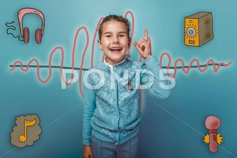 Laughing girl points finger up laughing opening of the sound wav Stock Photos
