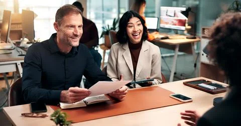 Laughing, hr and team with documents, job interview and conversation with a.. Stock Photos