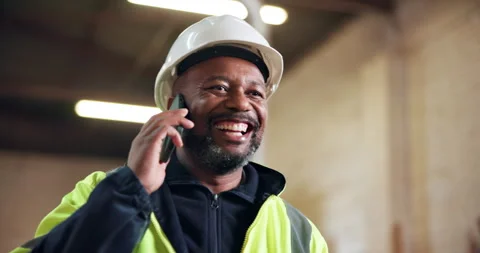 Laughing, inspector and man in building, phone call or communication with Stock Footage 338050749