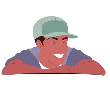 Laughing man in a cap on a white background. Avatar. Color flat vector illust Stock Illustration