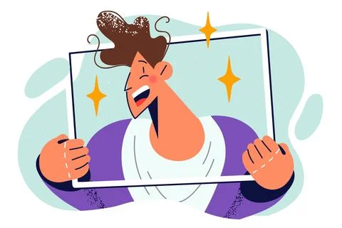 Laughing man posing with picture frame to take creative picture for internet Stock Illustration