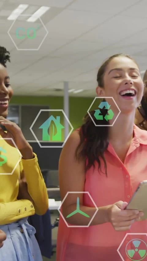 Laughing in office, diverse colleagues with digital animation icons overlay Stock Footage 344332037