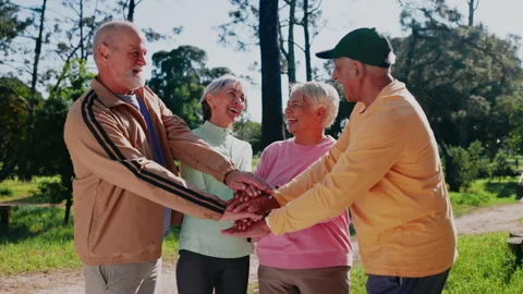 Laughing, old people and stack in nature for fitness, support and senior Stock Footage 347205735