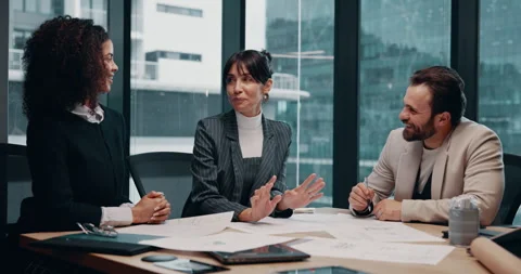 Laughing, people and team with documents, boardroom or planning for property Stock Footage 316121471