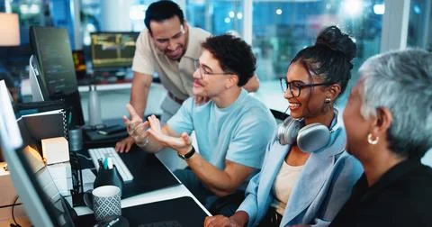 Laughing, programmer and group with computer, discussion and brainstorming for Stockfoto's