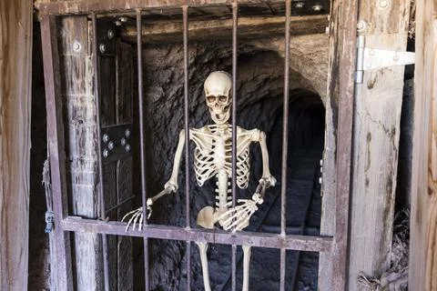 Laughing skeleton trapped inside a closed mine shaft Stock Photos