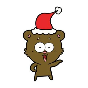 Laughing teddy  bear line drawing of a wearing santa hat Stockillustratie