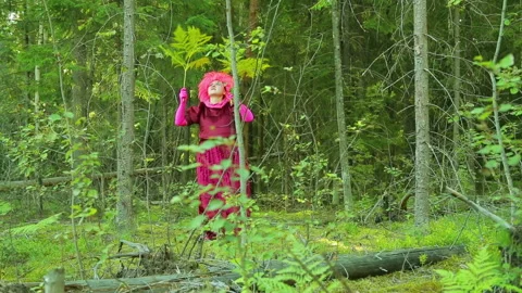 Laughing witch in forest thickets performs a ritual dance with fern branches Stock Footage 96261909
