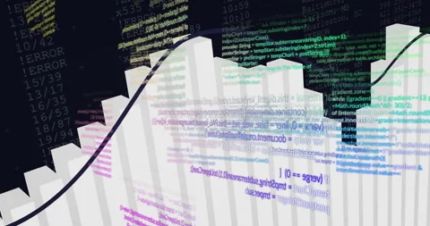 At launch 3D bar chart pulsing sine-wave sweeping code snippets scrolling Stock Footage 314791045