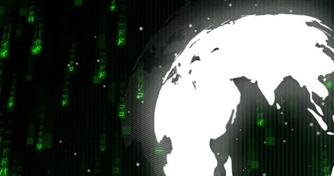 On launch 3D globe rotating left while green code rain falling conveying global Stockbeeldmateriaal 318143531