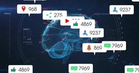 On launch 3D holographic brain rotating, markers scanning and bubbles Stock Footage 326037416