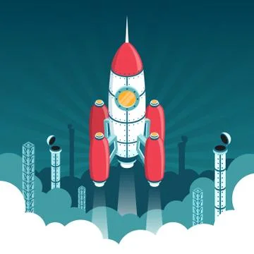Launch of 3d isometric rocket into space Stock Illustration